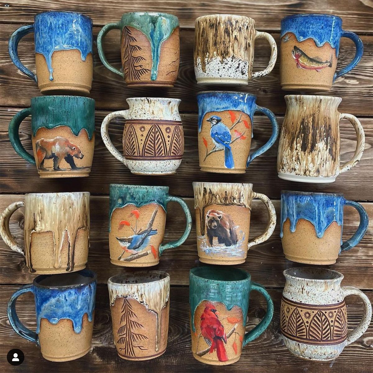 Four rows of four mugs by Cedarwood Ceramics, featuring wildlife illustrations, nature-inspired etchings and colourful drip g