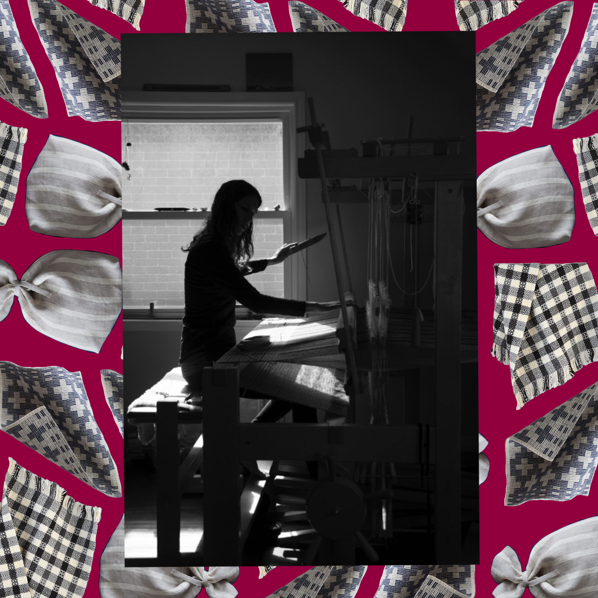 A black-and-white photo of a woman weaving, with woven items on a pink background behind.