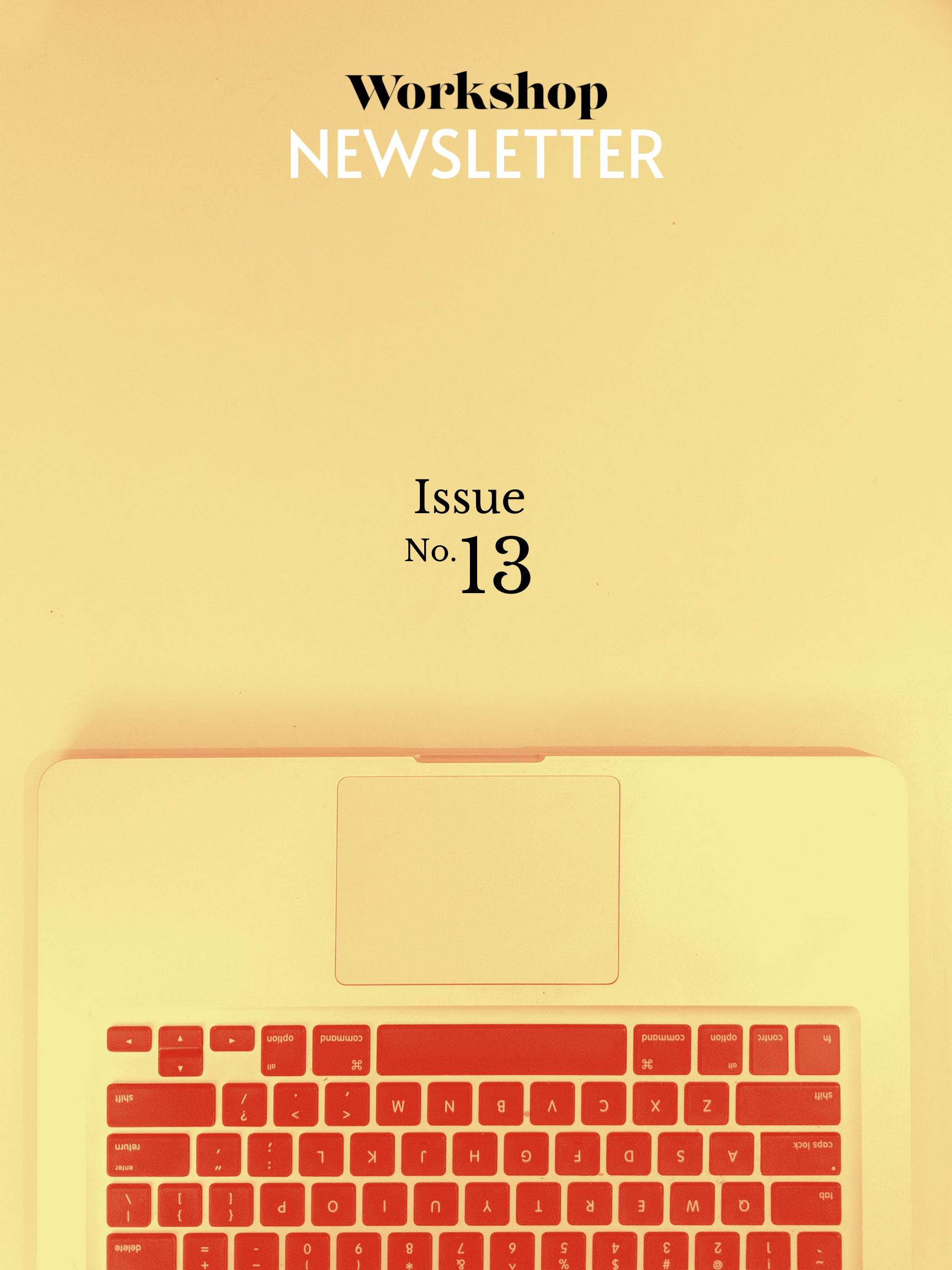A laptop overlaid in yellow with the words "Workshop newsletter issue no. 13"