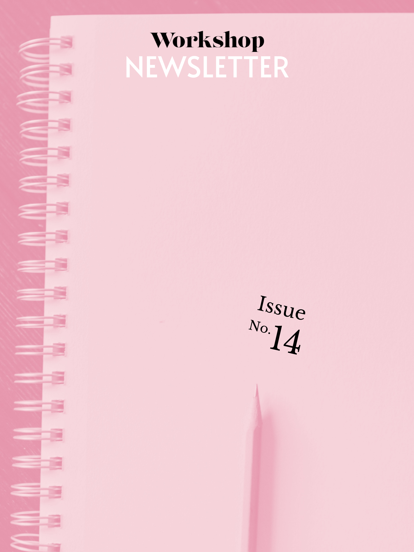 Notebook overlaid in pink, with words "Workshop Newsletter: Issue No. 14"