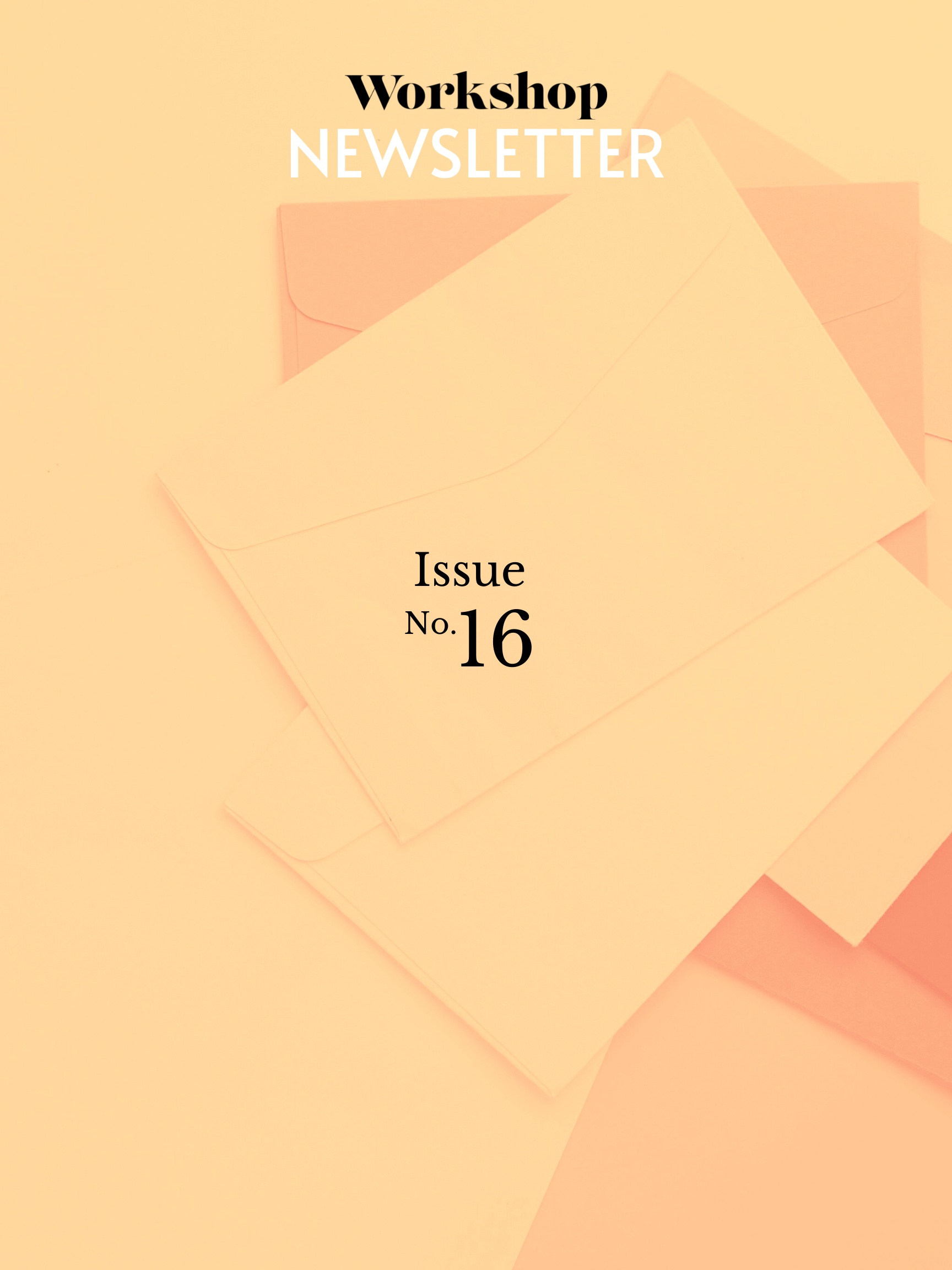 Envelopes on a surface overlaid in apricot-yellow colour, with the words "Workshop newsletter issue no. 16"