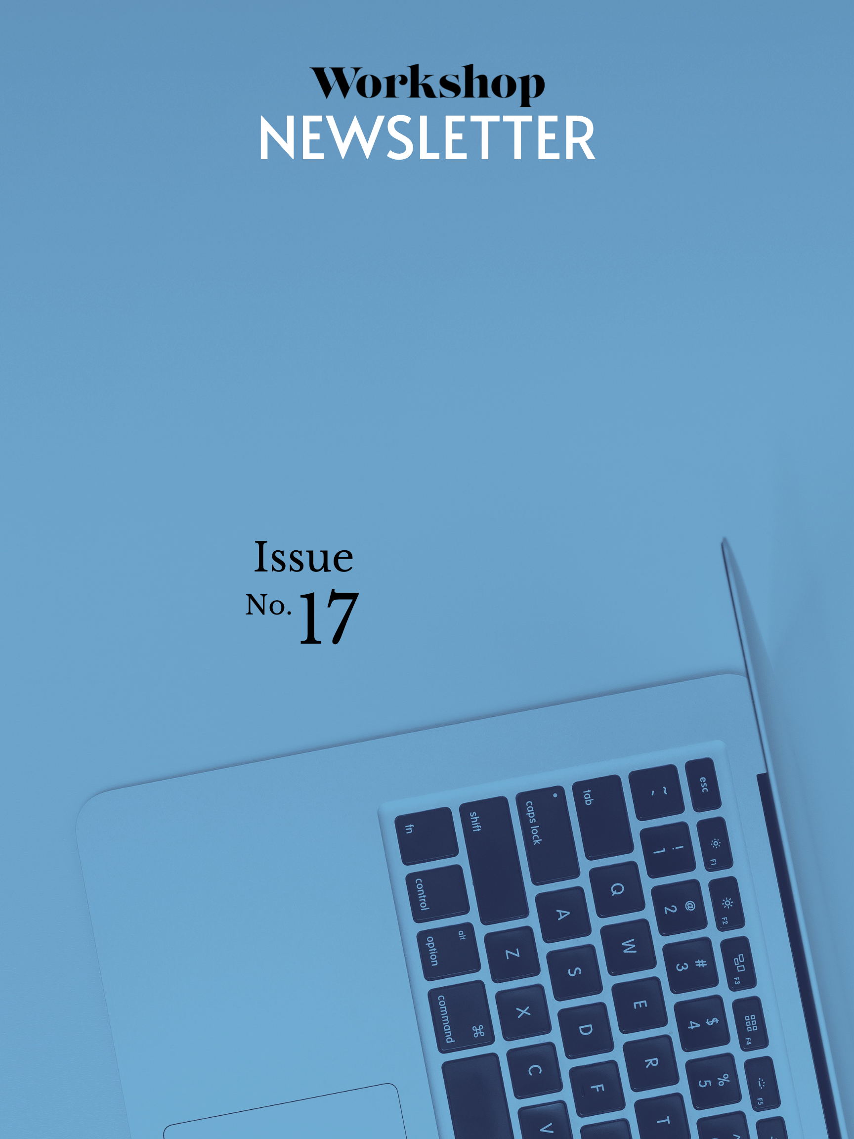 A laptop overlaid in blue with the words "Workshop Newsletter Issue No. 17"
