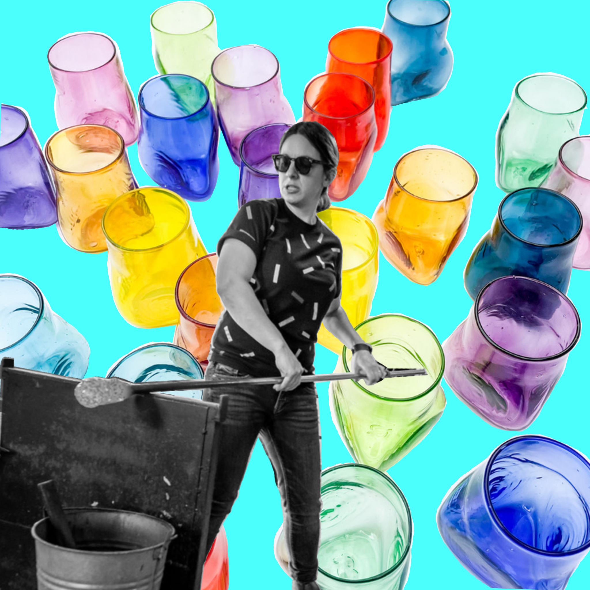 Black-and-white image of Kate Civiero blowing glass, collaged over her colourful glass tumblers