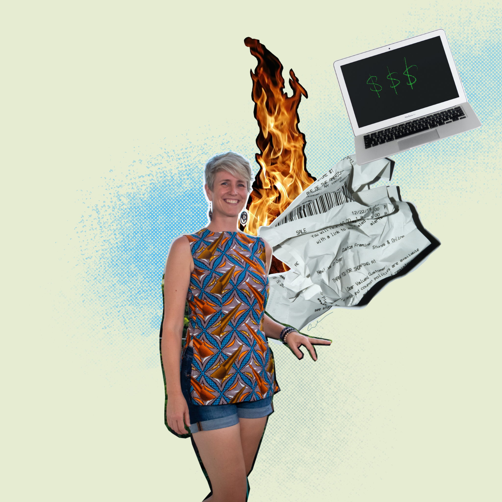 Collage of Jayne Dykstra, a receipt with flames behind it, and a laptop with dollar signs on the screen