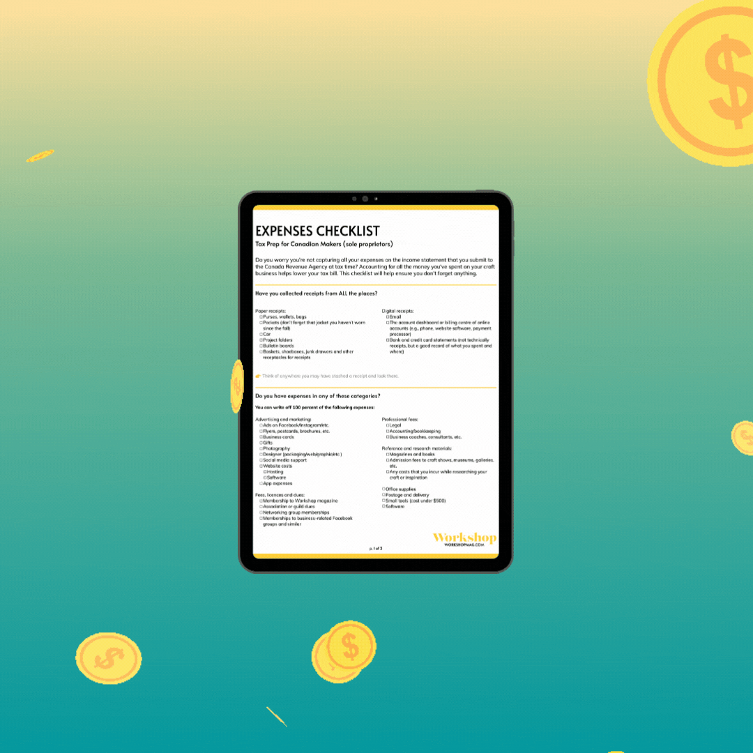 Tablet showing an expenses checklist. Animated coins fall from the top of the image