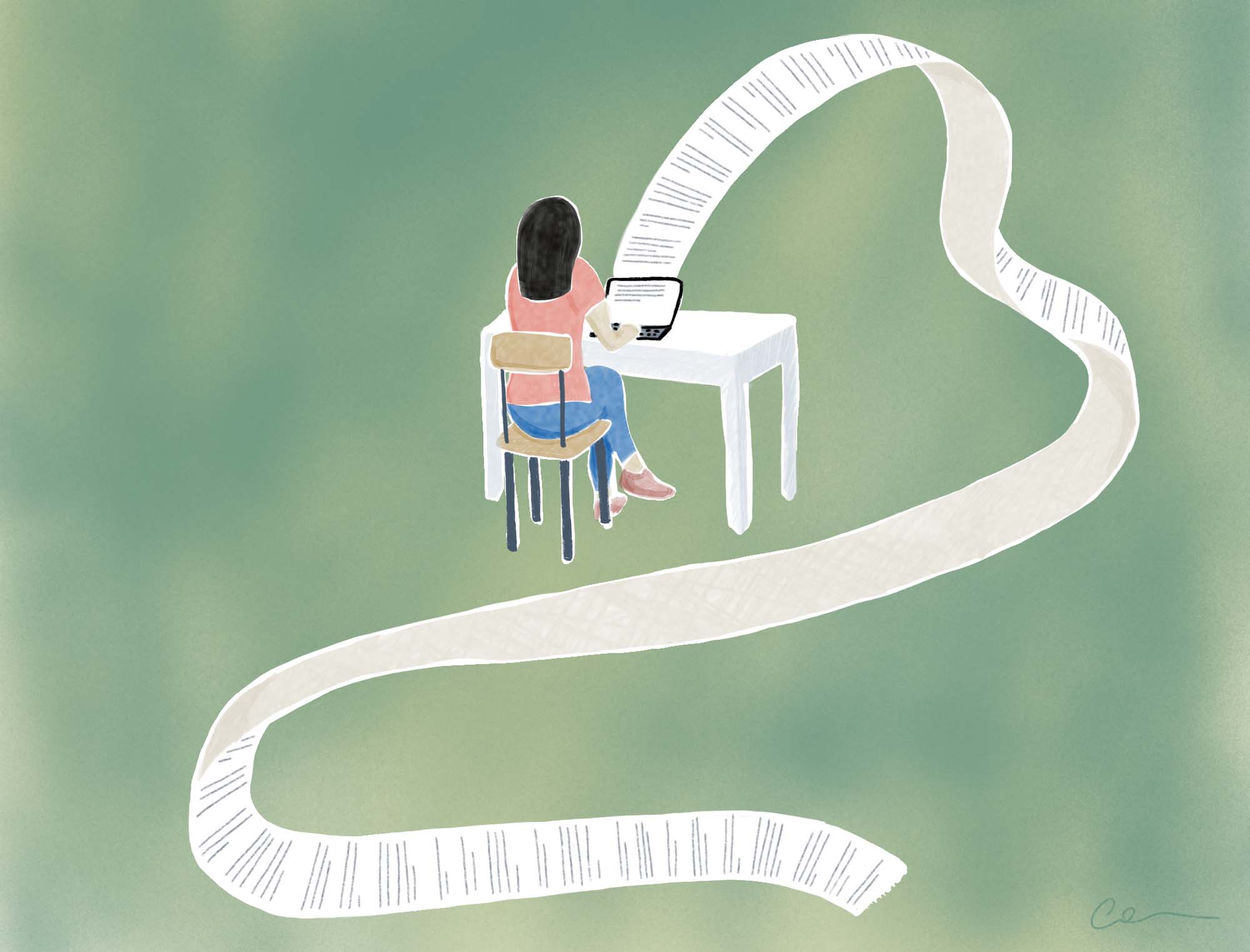 Illustration: a person sits at a table typing, with a long ribbon of paper emerging