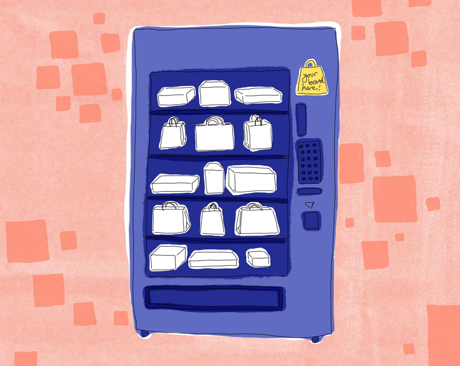 Illustration of vending machine full of blank packages with wording "your brand here"