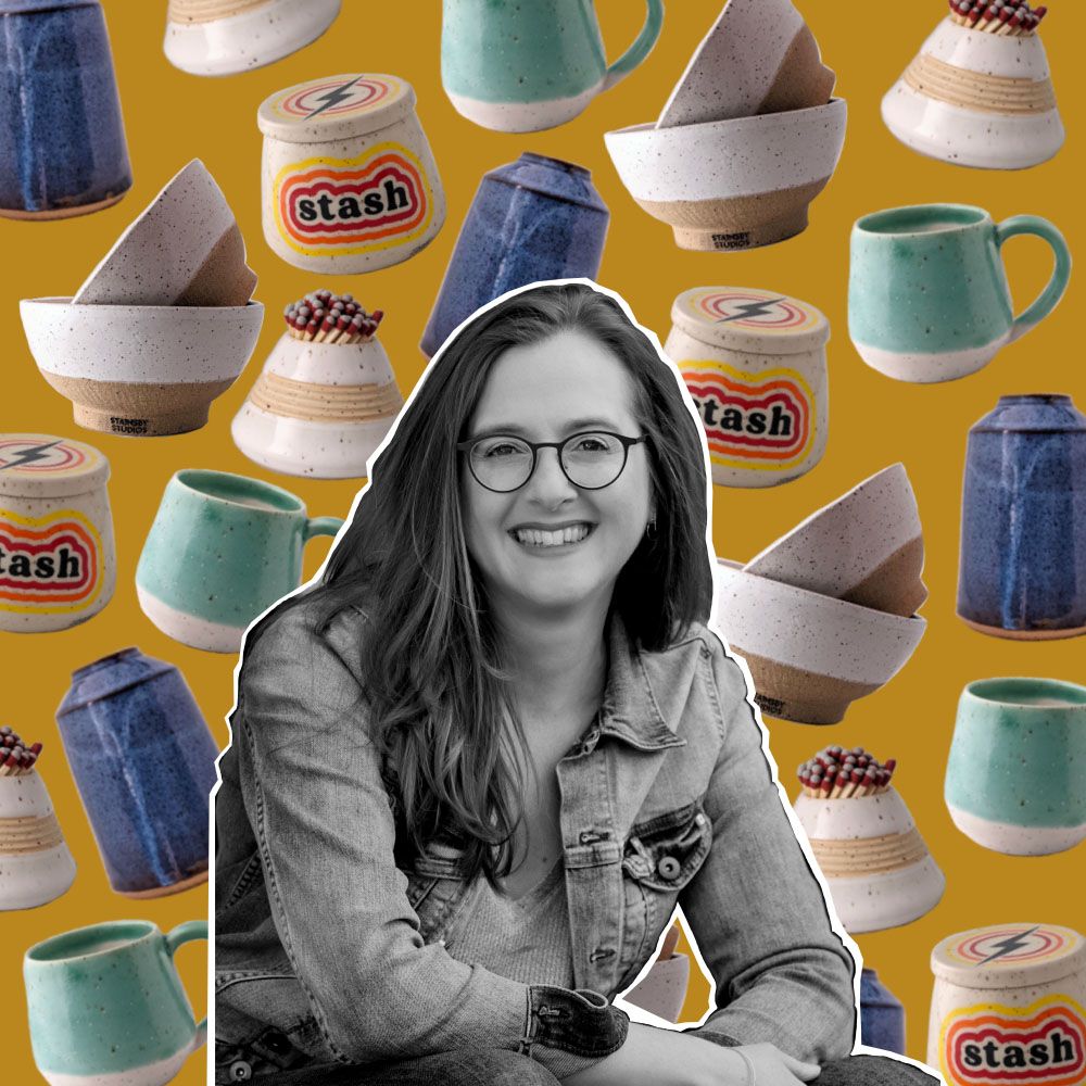 Black-and-white of Eleanor Stainsby on a colourful tiled background of her products