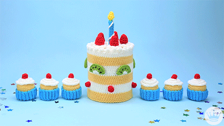 Gif: crocheted birthday cake, cupcakes and "happy birthday" banner