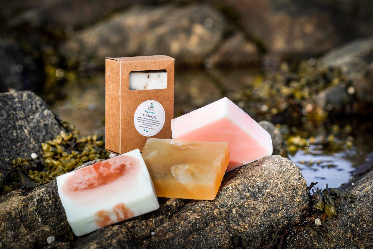 Uasau Soap bars resting on seaweed-covered rocks