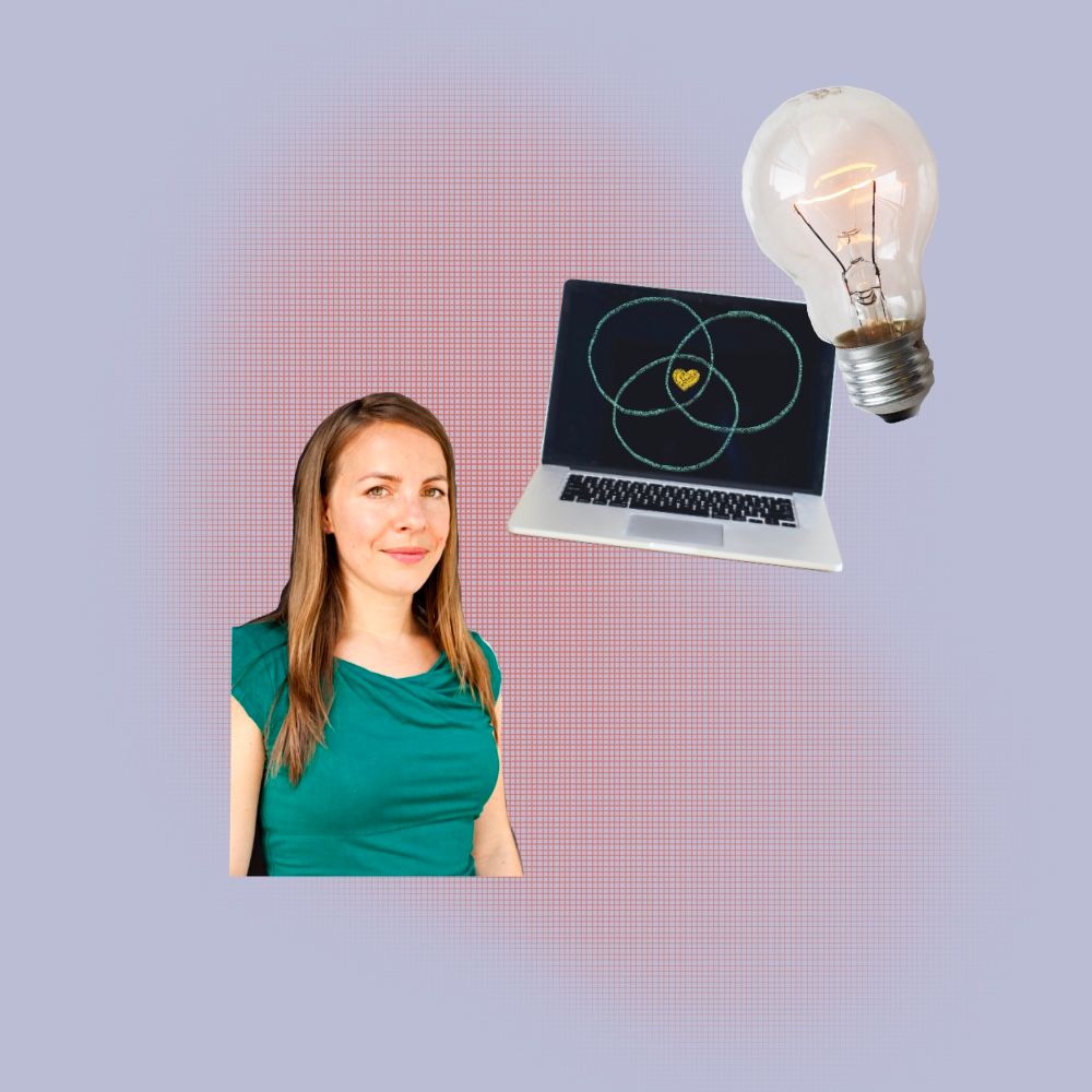 A photo collage of Kat Tacock with a computer and lightbulb on a lavender background.