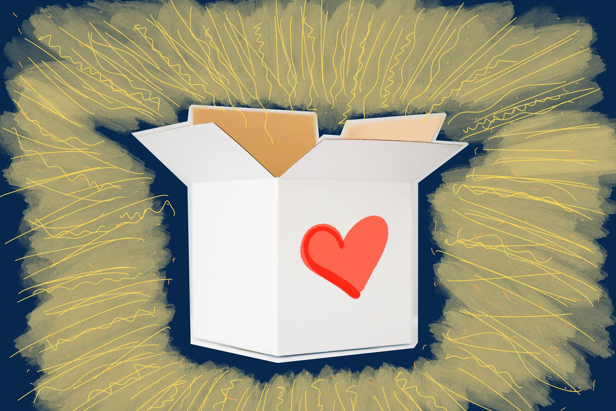 Illustration of open box with heart on it, and yellow lines leading away from it like a starburst