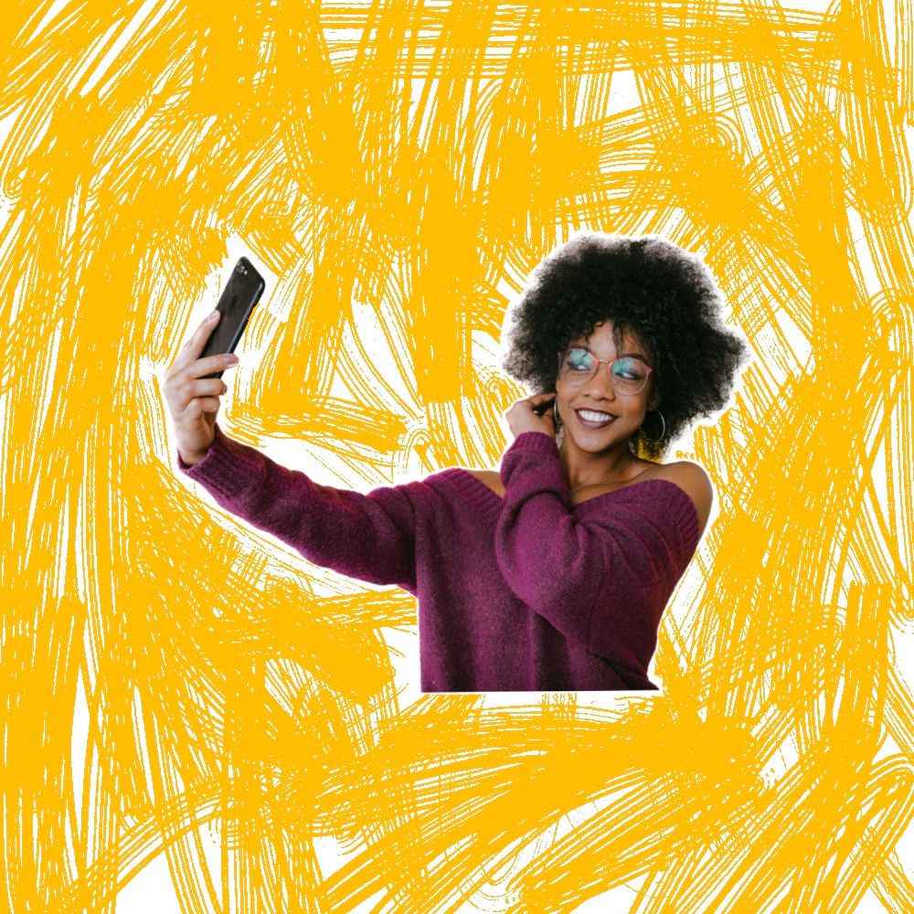 A person holding up a phone for a selfie, surrounded by yellow sketch marks
