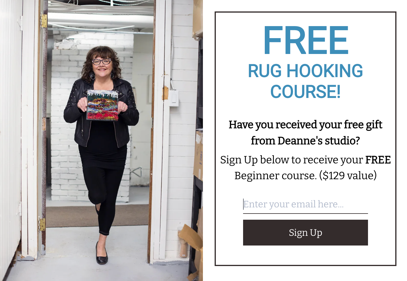A screen capture of the popup window on the Deanne Fitzpatrick Studio website that offers visitors a free rug hooking course