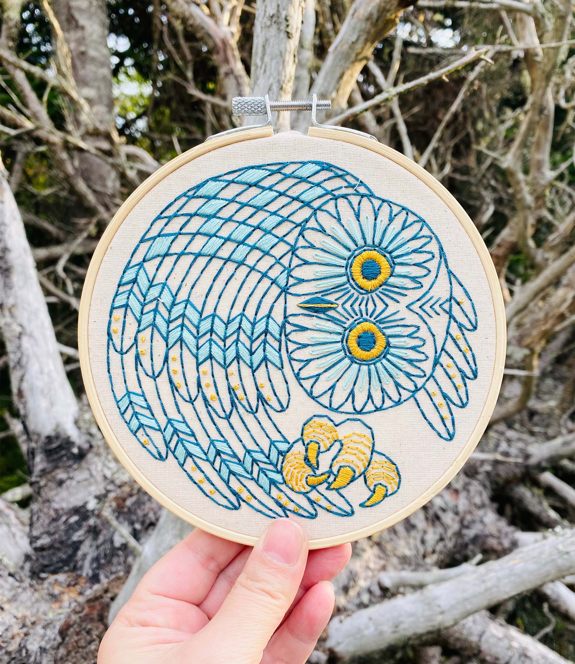 blue and yellow embroidered owl in frame against nature background