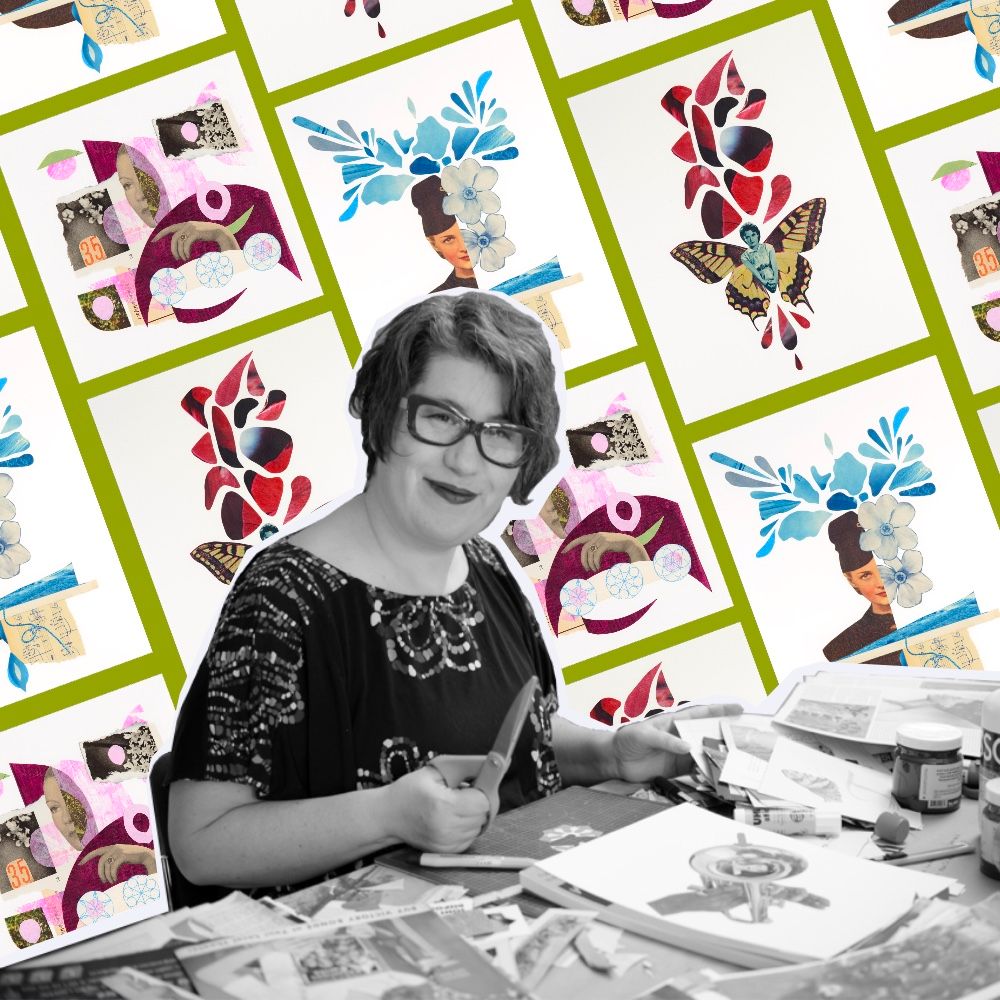 Lisa Pijuan-Nomura of Studio Beulah sits at a table creating collages. The background is a grid of her various works