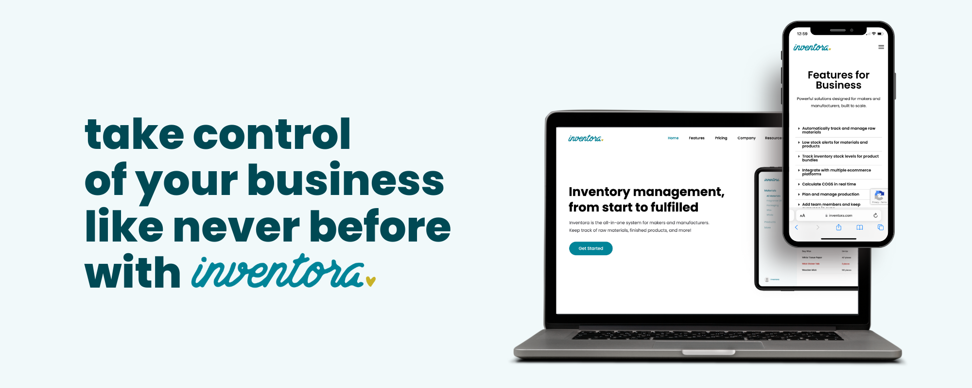 "Take control of your business like never before with Inventora"; laptop and smartphone showing website