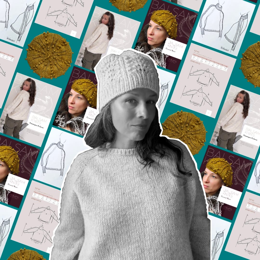 Laura Twiss wears her Ptarmigan sweater and hat against a photo collage backdrop of her knitting patterns.